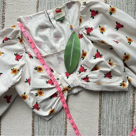 Farm Rio Mixed Cross Stitch Flowers Embroidered Long Balloon Sleeves Crop Top XL - Picture 5 of 14